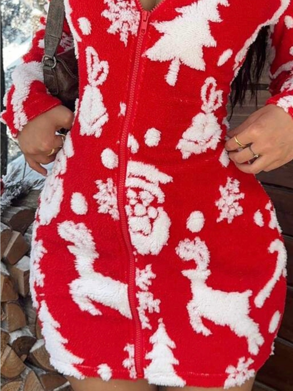 SHEIN Red and White Zip-Up Teddy Holiday dress